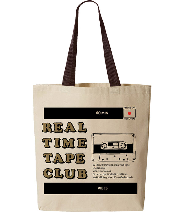 Real Time Tape Club design screen printed on natural cotton canvas tote bag by Press On Records