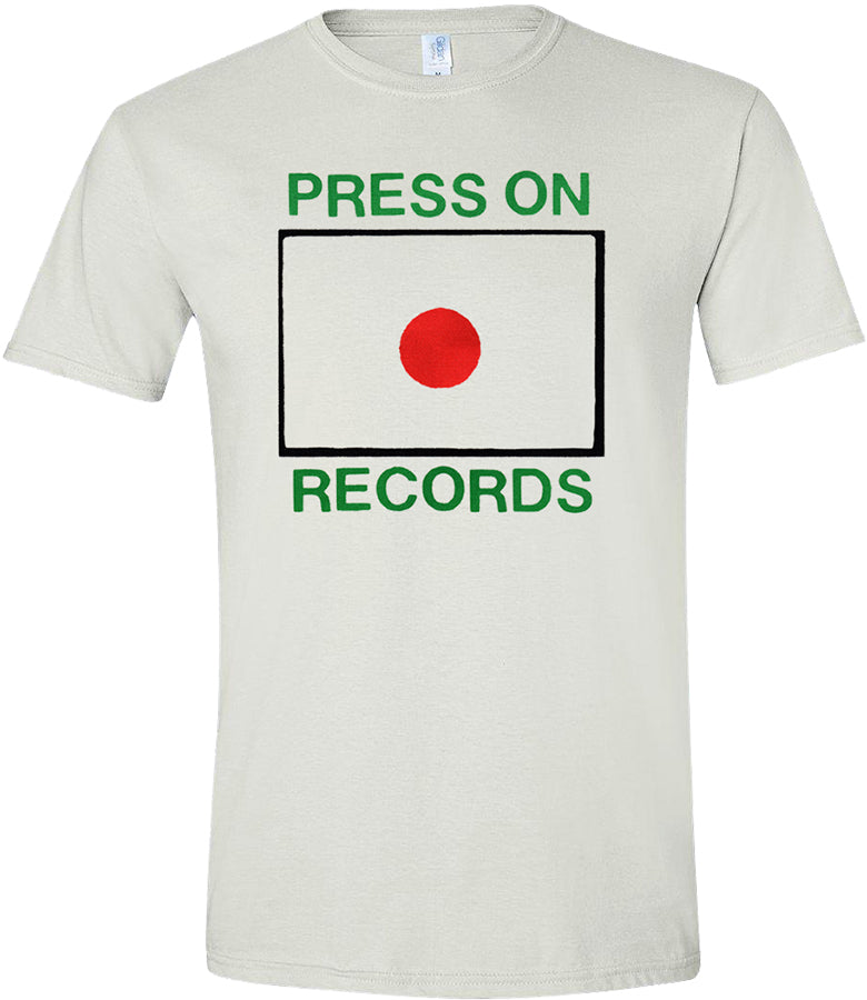Press On Records logo screen printed on white short-sleeved shirt