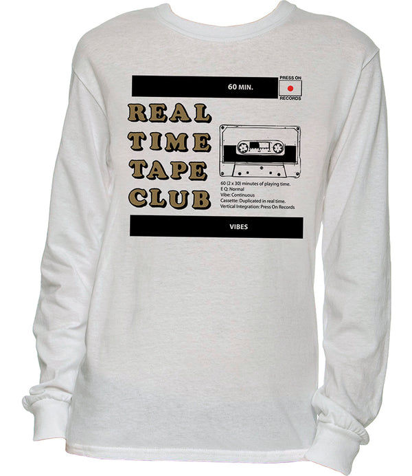 Real Time Tape Club design screen printed on white long-sleeved shirt by Press On Records